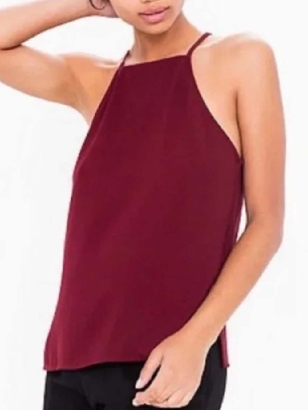 American Apparel Halter Spaghetti Strap High-Neck Camisole Top, Burgundy, Sz L
